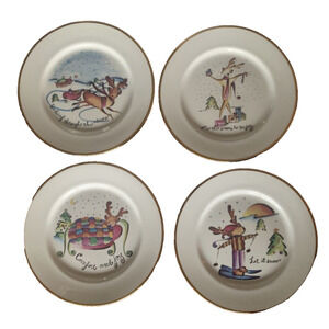 Vtg Rosanna Italy Reindeer Christmas Plates Set Of 4 Gold Rim 8" Holiday Plates